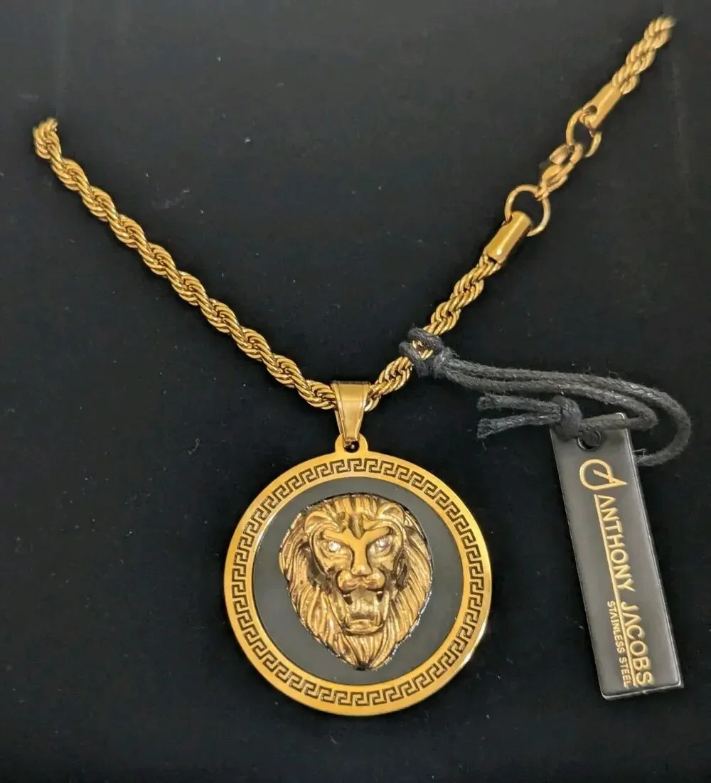 Anthony Jacobs Stainless Steel Lion Pendant Necklace Gold Tone Stone Rhinestone